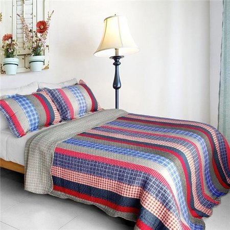 FURNORAMA Retro Stripe - Cotton 3 Pieces Vermicelli-Quilted Patchwork Quilt Set  Full & Queen Size - Blue FU384940